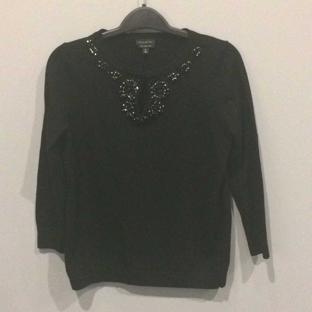 Talbots Black Merino Wool Jeweled Sweater Medium Classic Preppy Top‎ - Picture 2 of 8